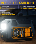 Ultimate 10 In 1 Car Jump Starter With Air Compressor 6000A Portable Power Bank LED flashlight feature with modes displayed.