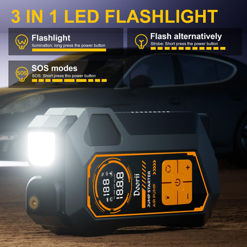 Ultimate 10 In 1 Car Jump Starter With Air Compressor 6000A Portable Power Bank LED flashlight feature with modes displayed.
