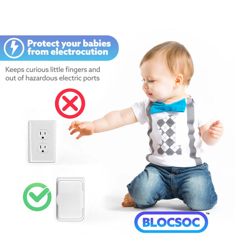 Child pointing at electric outlet with Three Pack Baby Proofing Outlet Covers For Safe Electrical Outlets Easy Install No Choking Hazard Keeps Tiny Fingers Out Of Sockets And Prevents Electrocution Kid Safe shown.