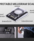 Ultra Precise 0.001 g Digital Scale With 50 g Capacity And LCD Display, portable scale with dimensions and pocket fit shown
