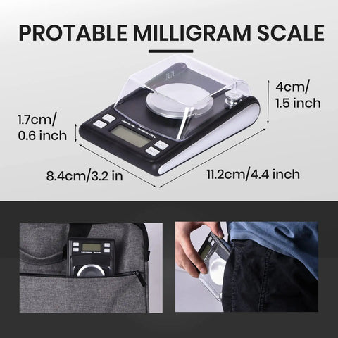 Ultra Precise 0.001 g Digital Scale With 50 g Capacity And LCD Display, portable scale with dimensions and pocket fit shown