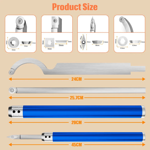 Carbide Tipped Wood Turning Tool Set With Extendable Shafts showing product sizes including rougher, finisher, swan neck tools.