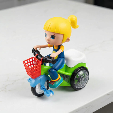 360 Degree Electric Stunt Tricycle Toy With LED Lights And Music, Omnidirectional Wheels For Kids, Push Pull Ride On Trike, Random Color, Battery Not Included, Perfect For Boys And Girls Classroom Playtime, side view with basket