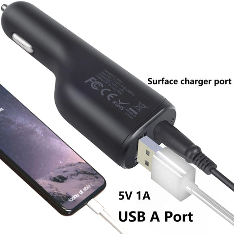 No Drama 36W Car Charger For Microsoft Surface Pro And Laptop Fast Charging Adapter with USB port and connector cable visible.
