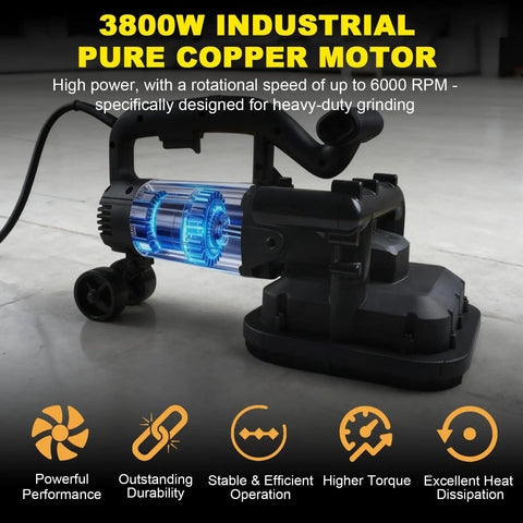 Front view of 3800W high power concrete floor grinder with dust shroud and auxiliary wheels, designed for heavy-duty grinding.