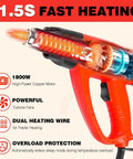Heavy Duty 1800W Heat Gun Kit with Dual Temperature Settings, heat indicator, and overload protection shown.