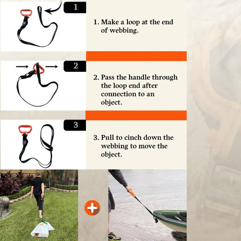 Illustrated steps showing how to use Handle And Haul Two Handle Moving Straps With Cam Buckle Adjustable System for dragging objects.