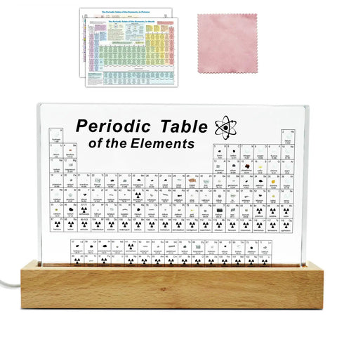 Acrylic Periodic Table With 83 Real Elements, Warm LED Light, USB Powered Wooden Display Stand, Educational Poster.