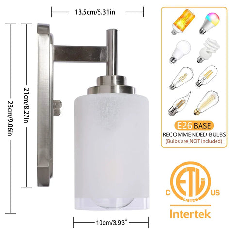 2-Pack Dope Modern Bathroom Wall Sconces In Brushed Nickel Finish With Frosted Glass, side view showing dimensions and bulb types.