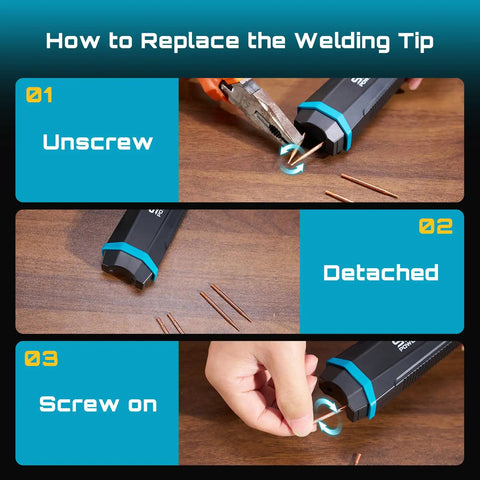Diagram showing how to replace welding tip on Badass Portable Spot Welder With Six Gear Power Adjustment for DIY Battery Packs.