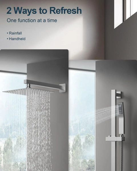 GRANDJOY 10" Rain Shower System with Handheld Spray, Slide Bar, Brushed Nickel showcasing rainfall and handheld functionality.