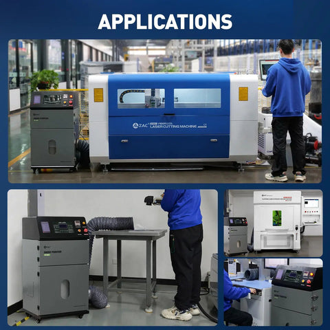 Heavy Duty Industrial Laser Fume Extractor With Badass 1200W Suction And Automatic Pulse Jet Cleaning For Welding Cutting And Solder Smoke Pickup Pro Grade Shop Solution in action with laser cutting machine.