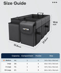 Foldable Trunk Organizer For Cars And SUVs With Dual Large Compartments And Six Mesh Pockets Keeps Groceries Tools And Gear Neatly Stowed In A Sturdy Black Car Accessory For Sedans And SUVs size guide with dimensions