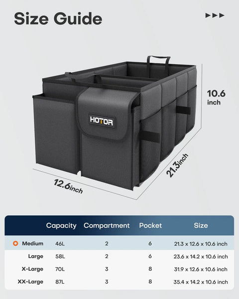Foldable Trunk Organizer For Cars And SUVs With Dual Large Compartments And Six Mesh Pockets Keeps Groceries Tools And Gear Neatly Stowed In A Sturdy Black Car Accessory For Sedans And SUVs size guide with dimensions
