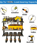 Power Tool Organizer Wall Mount with 3 Tier Storage Shelves holding drills and tools, heavy duty metal garage rack