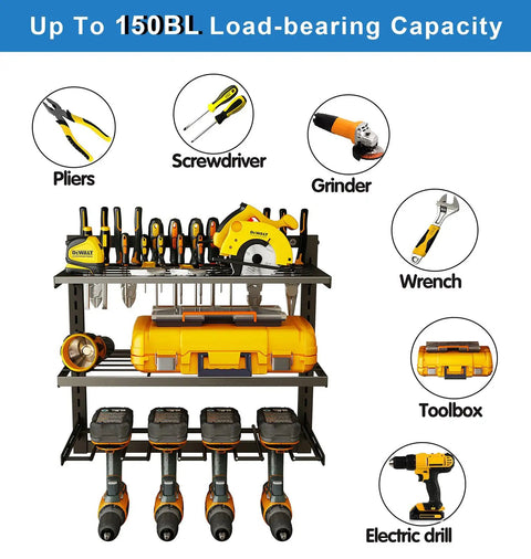 Power Tool Organizer Wall Mount with 3 Tier Storage Shelves holding drills and tools, heavy duty metal garage rack