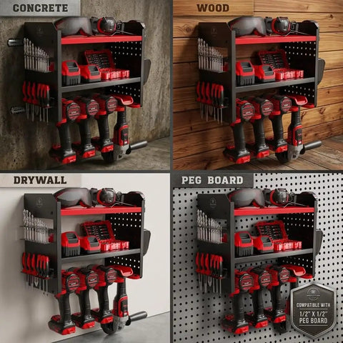 Power Tool Organizer Wall Mount 3 Tier Heavy Duty Steel Rack With 4 Cordless Drill Slots Pegboard And Utility Side 100 Pound Capacity For Garage Workshop And Shed Storage Red displayed on different wall types.