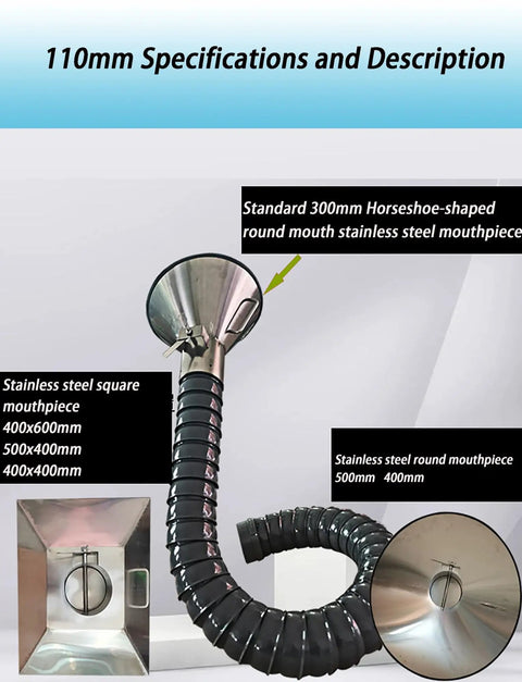 Heavy Duty 360 Rotatable Fume Extractor Hose With Stainless Steel Articulated Hood And Adjustable Flow Valve For Workshop Smoke Dust Cleanup Shop Built Design Crafted To Handle Daily Grind Industrial Workspace Tasks showcasing stainless steel mouthpieces and flexible hose setup.