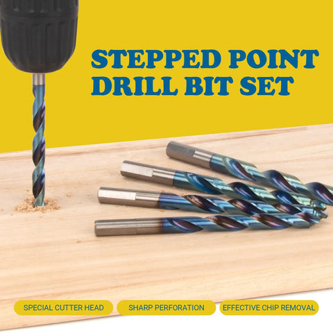 19 Piece Cobalt Stepped Point Drill Bit Set Turbo HSS Impact Step Drill Bits With Blue Oxide Finish on wooden surface.