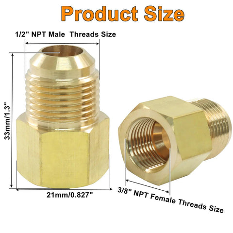 Brass Flare Tube Fittings 1/2 Inch Male to 3/8 Inch Female NPT Reducer Adapter, 2 Pack, product size dimensions view