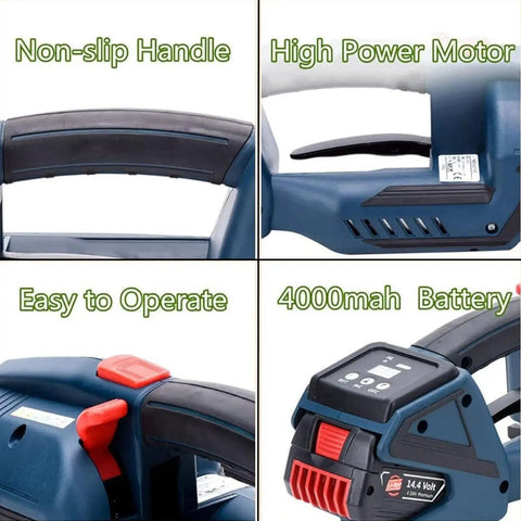 Upgrade Your Packing Game With This Badass 3-In-1 Electric Strapping Machine showing non-slip handle and 4000mAh battery.