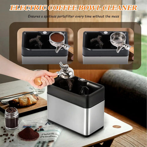 Slick Electric Portafilter Cleaner And Espresso Knock Box With Dual Spin Brushes For Quick Grounds Dump in kitchen setting.