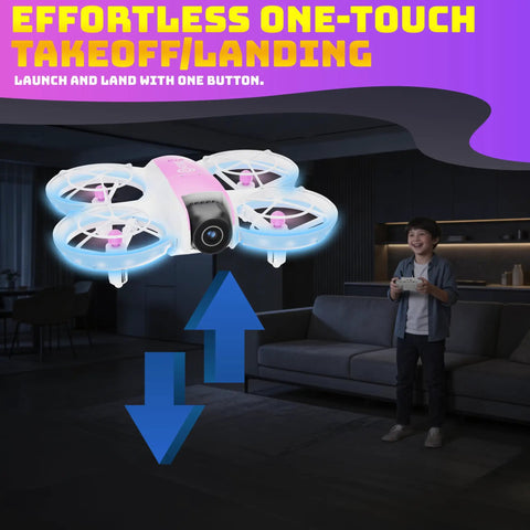 Compact Mini Drone With Built In Two Point Four Inch Screen Remote No App Needed 720P Dual Camera hovering indoors.