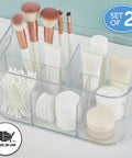 Straight Up The Best Five Compartment Makeup Storage Organizer Set Of Two Clear BPA Free Plastic Vanity Caddy With Pass Through Handles Round Corners Totally Durable Usa Made For Your Vanity featuring makeup brushes and skincare products.