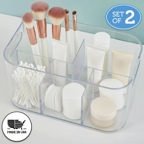 Straight Up The Best Five Compartment Makeup Storage Organizer Set Of Two Clear BPA Free Plastic Vanity Caddy With Pass Through Handles Round Corners Totally Durable Usa Made For Your Vanity featuring makeup brushes and skincare products.