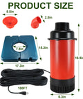 High Flow Pond Fountain Aerator Pump with 110V 1HP 750W Motor, 15000 GPH, red cylindrical body, 100ft power cord, size dimensions