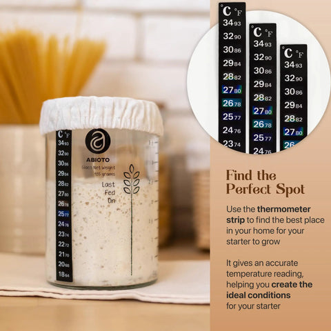 34 Oz Sourdough Starter Jar Kit With Metal Lid Silicone Spatula Feeding Tracker Extra Thermometer Strips And Breathable Covers For Sourdough Bread For Home Bakers, showing jar with thermometer strips and cloth cover, ideal for temperature monitoring at home.