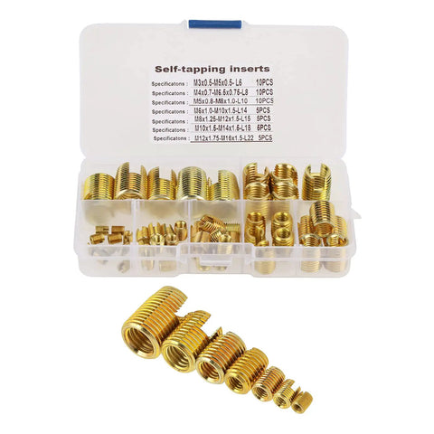 Self Tapping Threaded Inserts Kit M3 To M12 Brass Slotted Inserts 50 Pcs Easy Install No Pre Tap Needed Pressed Fit Anti Vibration For Strong Secure Long Lasting Joints brass inserts in organizer box