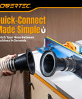 Person demonstrating Powertec 4 Inch To 2-1/2 Inch Magnetic Dust Collection Connector for easy hose switching between machines.
