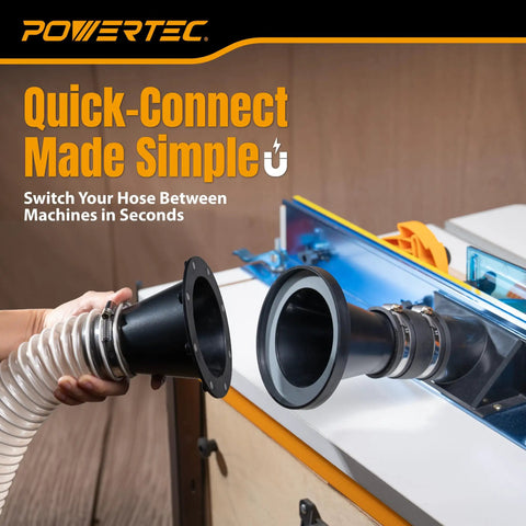 Person demonstrating Powertec 4 Inch To 2-1/2 Inch Magnetic Dust Collection Connector for easy hose switching between machines.