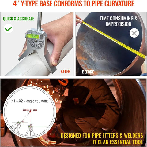 Heavy Duty Stainless Steel Pipe Center Finder Punch With Adjustable Dial Bubble Protractor shown in use on a pipe with level.