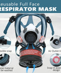 Full Face Gas Mask With Anti Fog Shield and 40mm Activated Carbon Filter for Organic Vapors displayed with features labeled