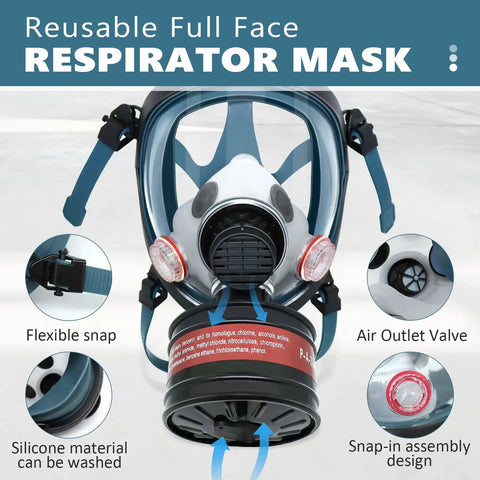 Full Face Gas Mask With Anti Fog Shield and 40mm Activated Carbon Filter for Organic Vapors displayed with features labeled