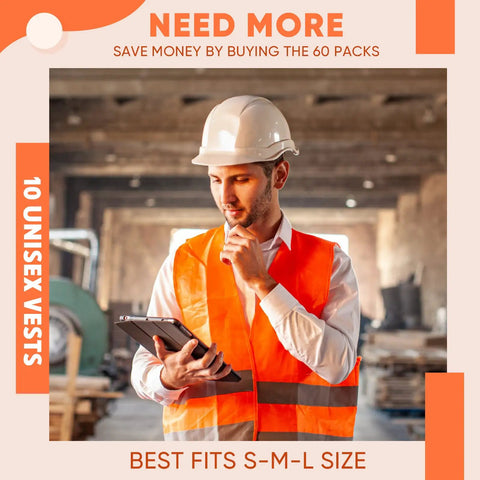 Worker in 60 Pack High Visibility Safety Vests With 2 Reflective Strips Orange Construction Workwear using a tablet on job site