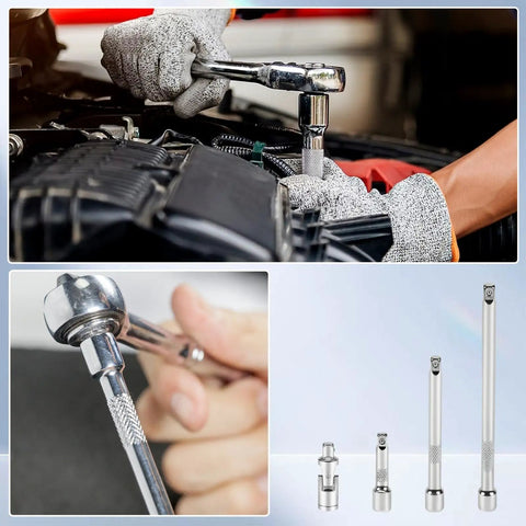 1/4 Inch Drive Extension Bar Set With 2, 4, And 6 Inch Extensions And 1/4 Inch Drive Universal Joint Sockets, 4 Piece Kit