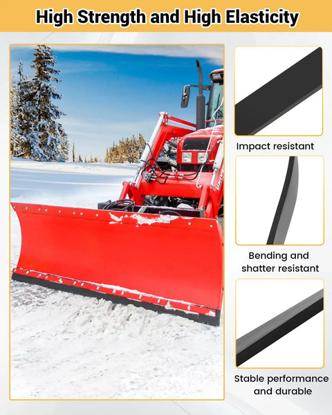 Tractor with 60 Inch Long 4 Inch Wide Three Quarters Inch Thick Polyurethane Snow Plow Cutting Edge for snow removal.