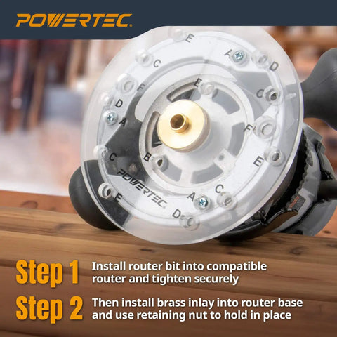Close-up of Brass Inlay Router Kit with Bushing Guide Set on router base showing steps for precise woodworking.