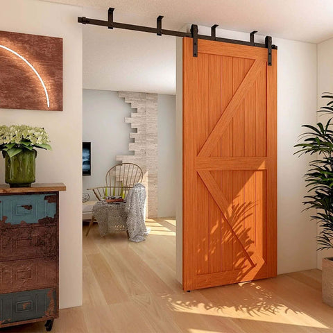 Ceiling Mount Sliding Barn Door Hardware Kit For Low Ceiling Spaces With L Shape Bracket System Fits 36 Inch Wide Single Wood Doors Heavy Duty Carbon Steel Hangers Supports Up To 220 Lb Per Door installed in living room