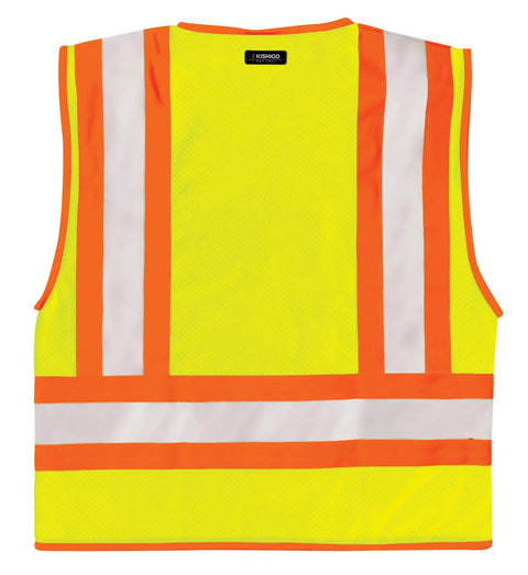 Mens High Visibility Reflective Mesh Vest With Zipper Closure And ANSI 107 Type R Class 2 Rating Orange 2X back view showing bright yellow mesh and reflective stripes.