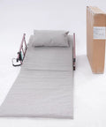 Heavy Duty Electric Lifting Bed Backrest With Guardrail, 2-80 Degree Adjustable Recline Support For Seniors And Patients, gray cushion and packaging.