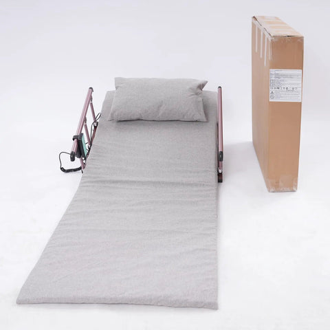 Heavy Duty Electric Lifting Bed Backrest With Guardrail, 2-80 Degree Adjustable Recline Support For Seniors And Patients, gray cushion and packaging.