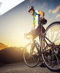 Cyclist riding a road bike at sunset with 10 Pcs Stainless Steel Shifter Cables For Bikes 2M Length shown in top corner.