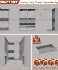 Kickass Heavy Duty U Shaped Walk In Closet Organizer With Four Massive Drawers Ten Reliable Hanging Rods And Six Flexible Shelves Built Like A Tank For Mad Storage Space Finished In Trendy Morandi Grey dimensions and capacity.
