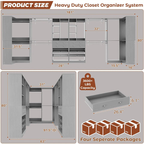 Kickass Heavy Duty U Shaped Walk In Closet Organizer With Four Massive Drawers Ten Reliable Hanging Rods And Six Flexible Shelves Built Like A Tank For Mad Storage Space Finished In Trendy Morandi Grey dimensions and capacity.