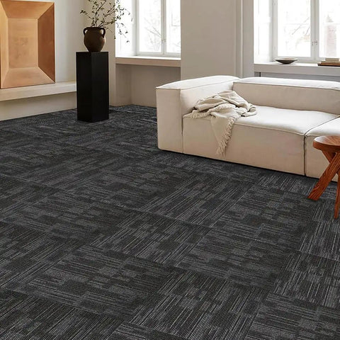 Heavy Duty Commercial Carpet Tiles 24 By 24 Inches Grippy Non Slip Square Floor Tiles for Office Home Gym Garage shown in living space.