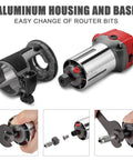 Smooth Operator Corded Wood Router With Variable Speed And 15 Pc Bit Set showing aluminum housing and base for easy bit changes.